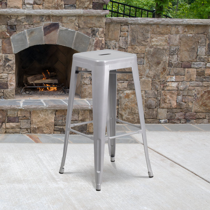 30'' High Backless Silver Metal Restaurant Indoor-Outdoor Barstool with Square Seat