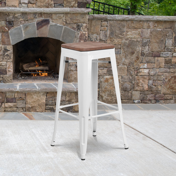 30" High Backless White Metal Restaurant Barstool with Square Wood Seat