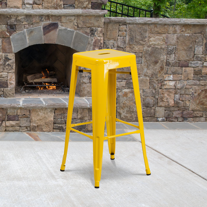 30'' High Backless Yellow Metal Restaurant Indoor-Outdoor Barstool with Square Seat