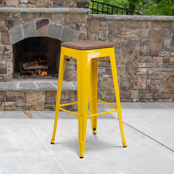 30" High Backless Yellow Metal Restaurant Barstool with Square Wood Seat