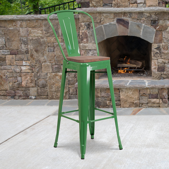 30" High Green Metal Restaurant Barstool with Back and Wood Seat