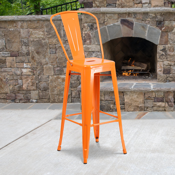 30'' High Orange Metal Restaurant Indoor-Outdoor Barstool with Back