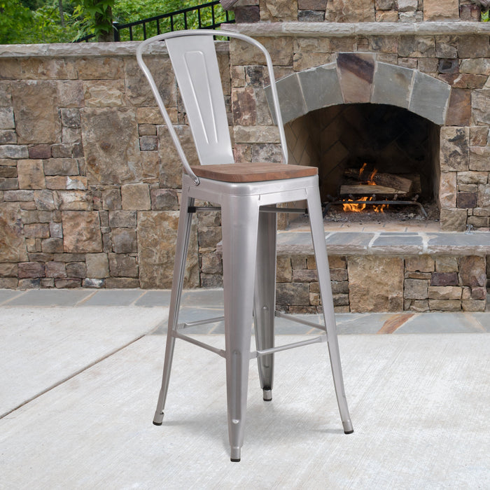 30" High Silver Metal Restaurant Barstool with Back and Wood Seat