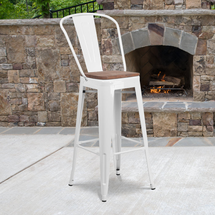 30" High White Metal Restaurant Barstool with Back and Wood Seat
