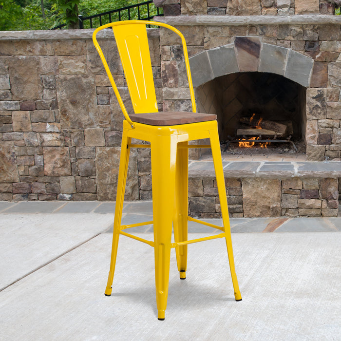 30" High Yellow Metal Restaurant Barstool with Back and Wood Seat