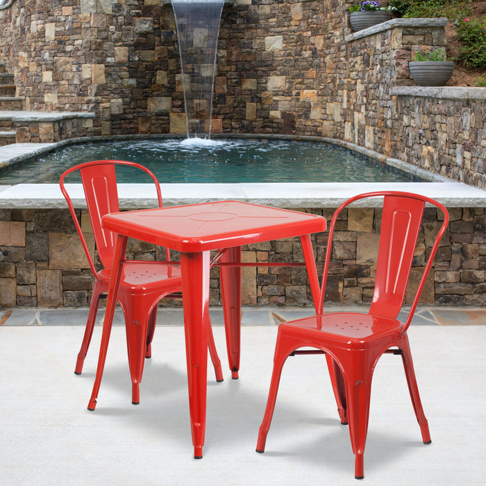 23.75'' Square Red Metal Indoor-Outdoor Restaurant Table Set with 2 Stack Chairs