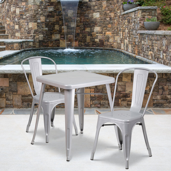 23.75'' Square Silver Metal Indoor-Outdoor Restaurant Table Set with 2 Stack Chairs