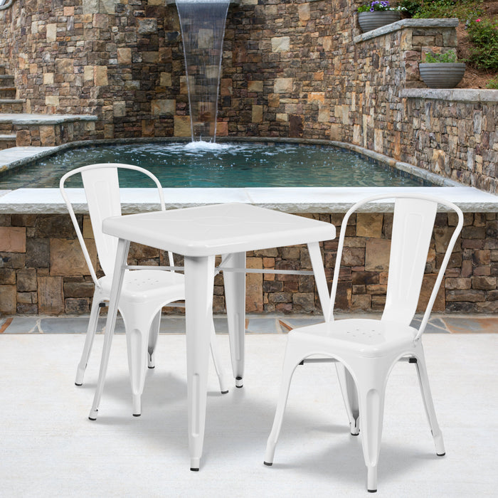 23.75'' Square White Metal Indoor-Outdoor Restaurant Table Set with 2 Stack Chairs