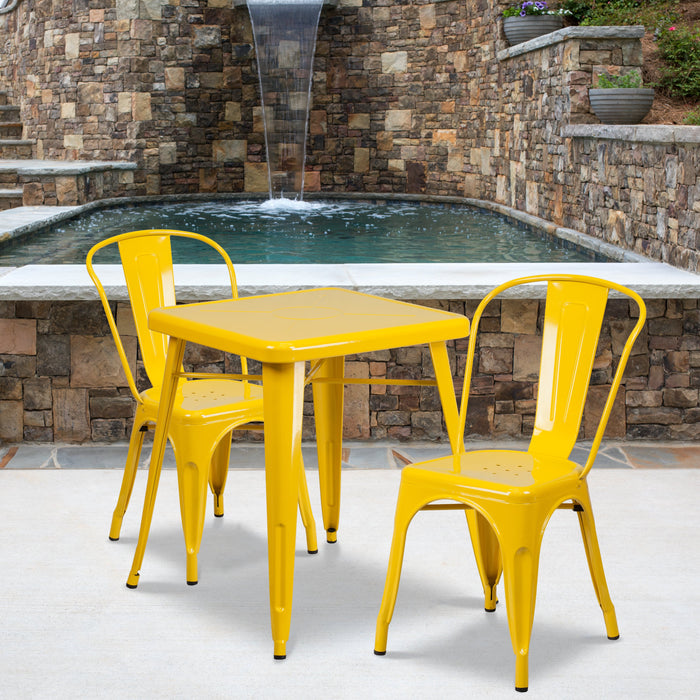 23.75'' Square Yellow Metal Indoor-Outdoor Restaurant Table Set with 2 Stack Chairs