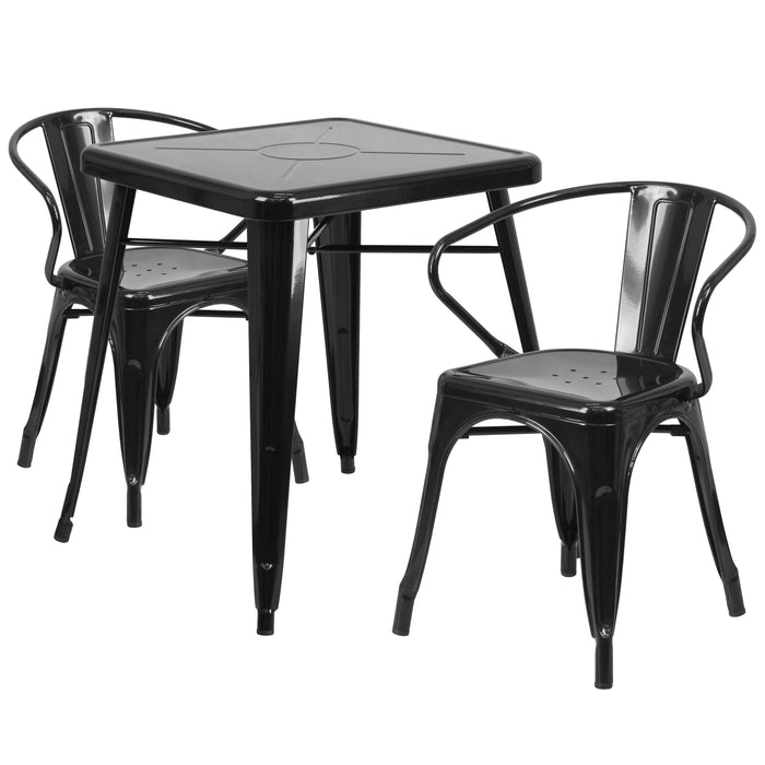23.75'' Square Black Metal Indoor-Outdoor Restaurant Table Set with 2 Arm Chairs