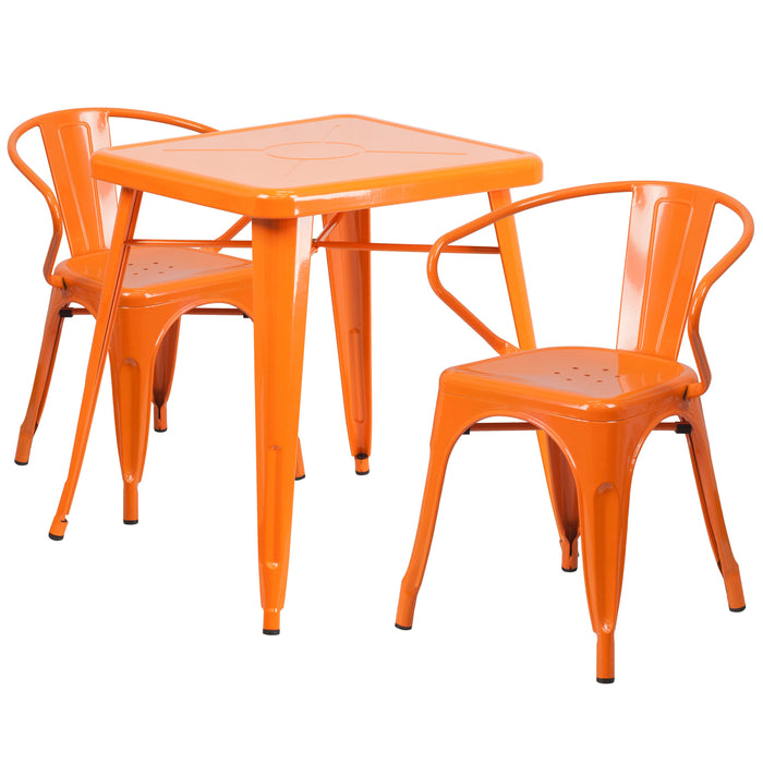 23.75'' Square Orange Metal Indoor-Outdoor Restaurant Table Set with 2 Arm Chairs