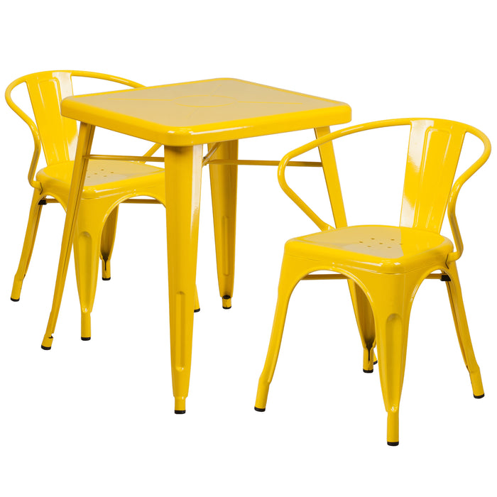 23.75'' Square Yellow Metal Indoor-Outdoor Restaurant Table Set with 2 Arm Chairs