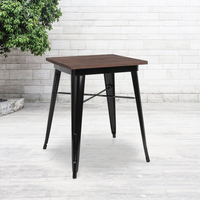 23.5" Square Black Metal Indoor Restaurant Table with Walnut Rustic Wood Top