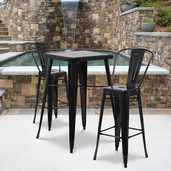 23.75'' Square Black Metal Indoor-Outdoor Bar Table Set with 2 Stools with Backs