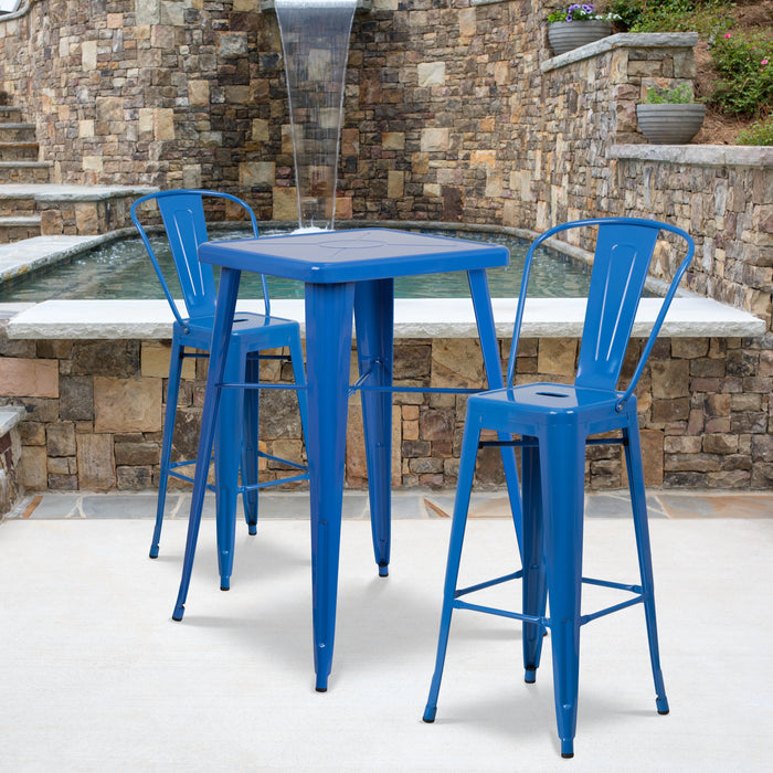 23.75'' Square Blue Metal Indoor-Outdoor Bar Table Set with 2 Stools with Backs