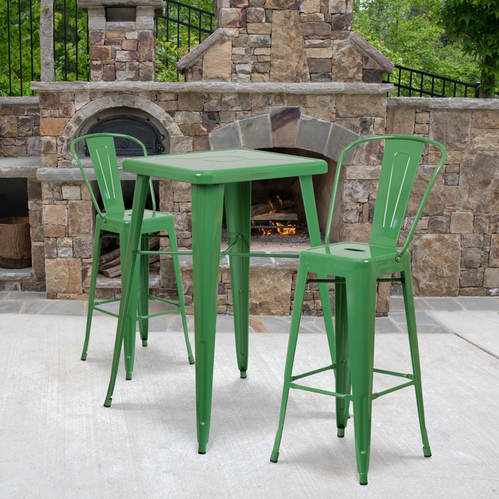 23.75'' Square Green Metal Indoor-Outdoor Bar Table Set with 2 Stools with Backs