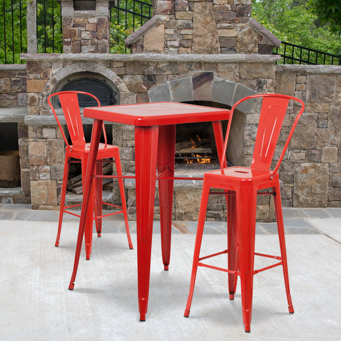 23.75'' Square Red Metal Indoor-Outdoor Bar Table Set with 2 Stools with Backs