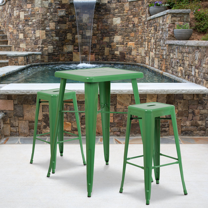 23.75'' Square Green Metal Indoor-Outdoor Bar Table Set with 2 Square Seat Backless Stools