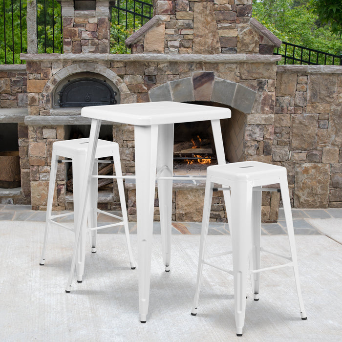 23.75'' Square White Metal Indoor-Outdoor Bar Table Set with 2 Square Seat Backless Stools
