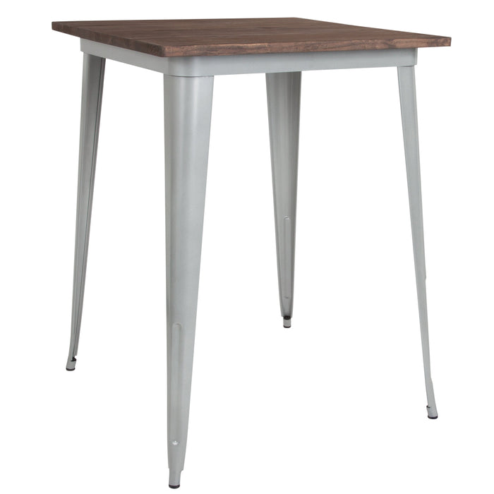 31.5" Square Silver Metal Indoor Bar Height Table with Walnut Rustic Wood Top