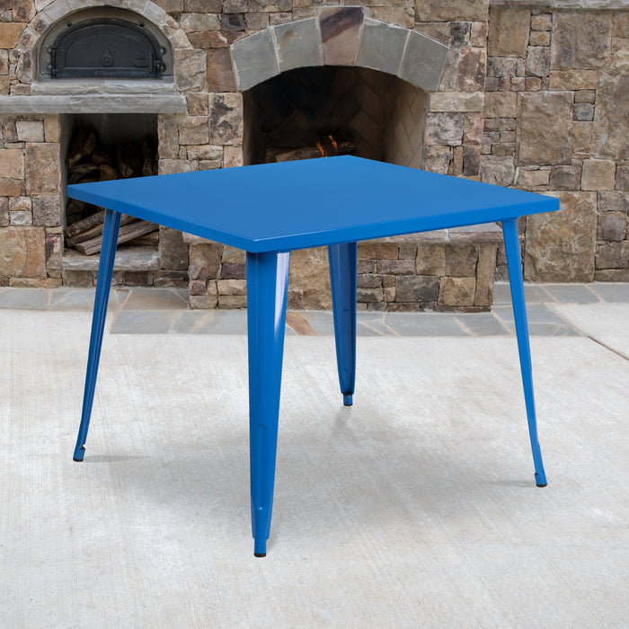 35.5'' Square Blue Metal Indoor-Outdoor Restaurant Table