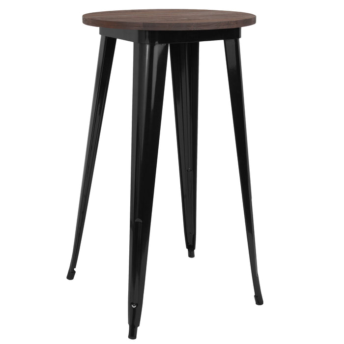 24" Round Black Metal Indoor Bar Height Table with Walnut Rustic Wood Top