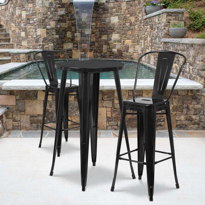 24'' Round Black Metal Indoor-Outdoor Bar Table Set with 2 Cafe Stools