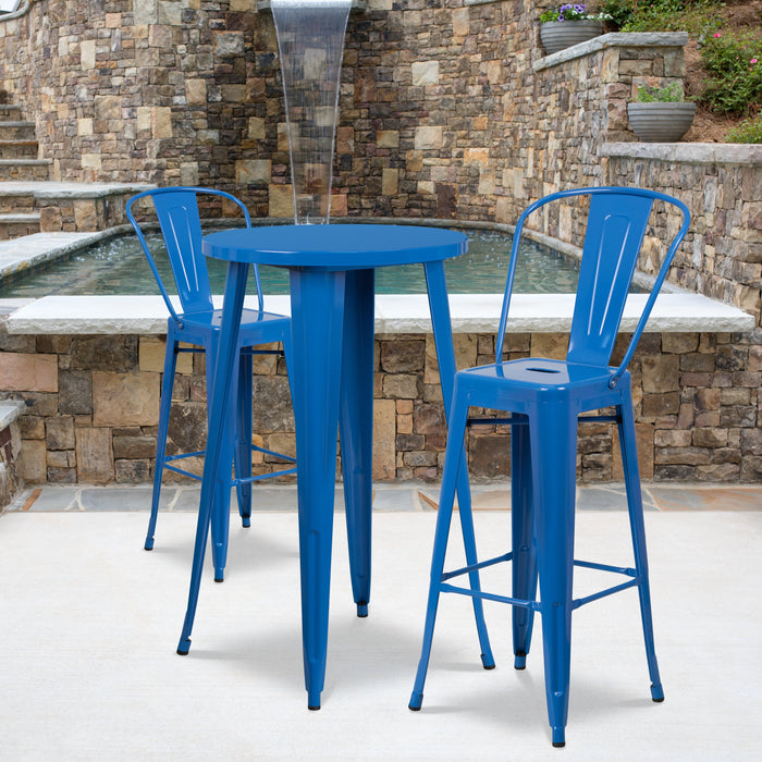24'' Round Blue Metal Indoor-Outdoor Bar Table Set with 2 Cafe Stools