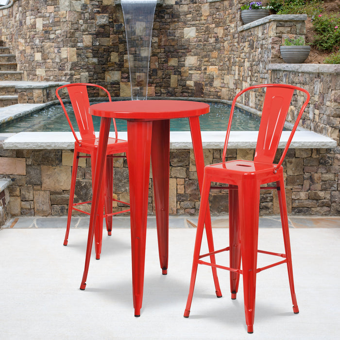 24'' Round Red Metal Indoor-Outdoor Bar Table Set with 2 Cafe Stools