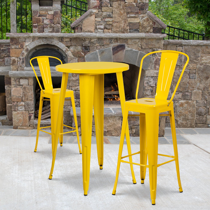 24'' Round Yellow Metal Indoor-Outdoor Bar Table Set with 2 Cafe Stools