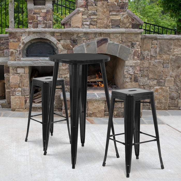 24'' Round Black Metal Indoor-Outdoor Bar Table Set with 2 Square Seat Backless Stools
