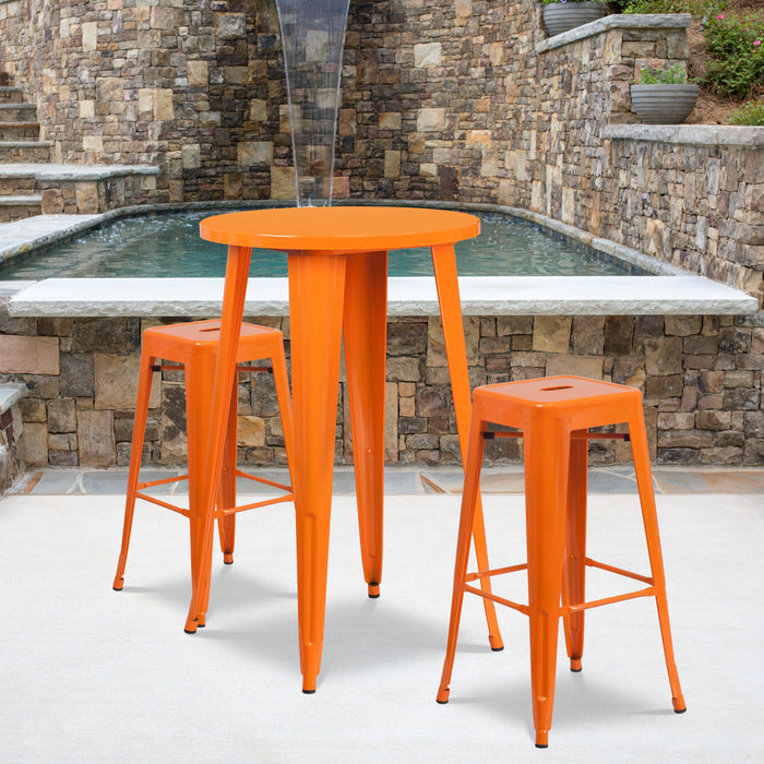24'' Round Orange Metal Indoor-Outdoor Bar Table Set with 2 Square Seat Backless Stools