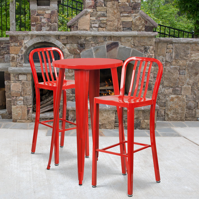 24'' Round Red Metal Indoor-Outdoor Bar Table Set with 2 Vertical Slat Back Stools