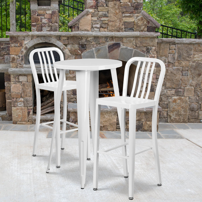24'' Round White Metal Indoor-Outdoor Bar Table Set with 2 Vertical Slat Back Stools