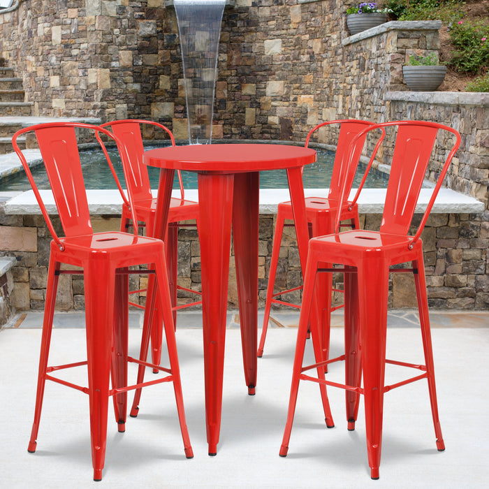 24'' Round Red Metal Indoor-Outdoor Bar Table Set with 4 Cafe Stools