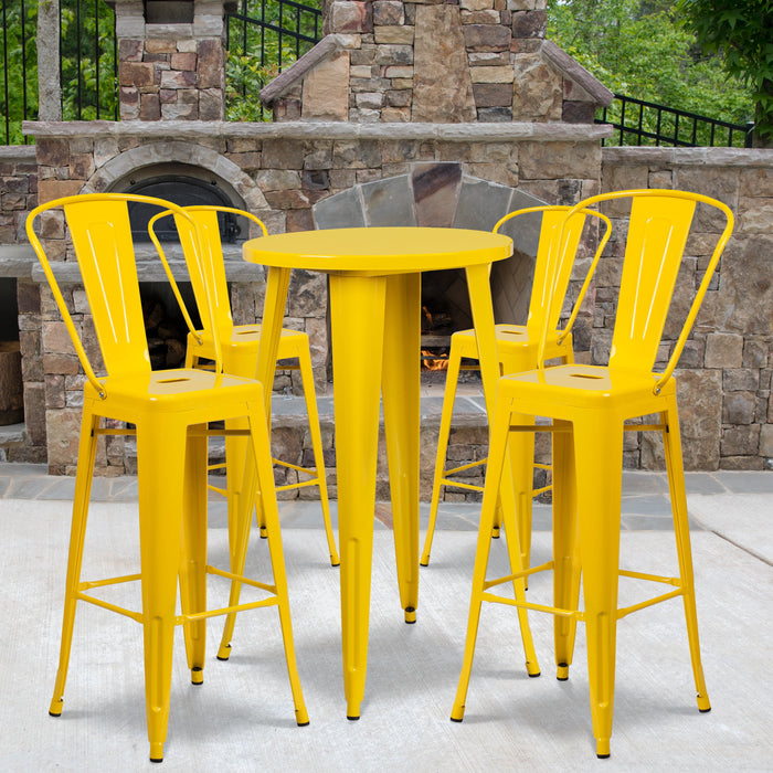 24'' Round Yellow Metal Indoor-Outdoor Bar Table Set with 4 Cafe Stools