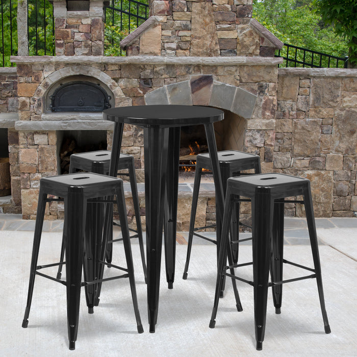 24'' Round Black Metal Indoor-Outdoor Bar Table Set with 4 Square Seat Backless Stools
