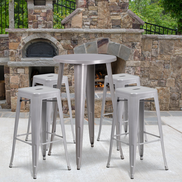 24'' Round Silver Metal Indoor-Outdoor Bar Table Set with 4 Square Seat Backless Stools