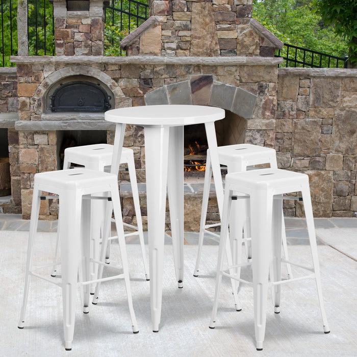 24'' Round White Metal Indoor-Outdoor Bar Table Set with 4 Square Seat Backless Stools