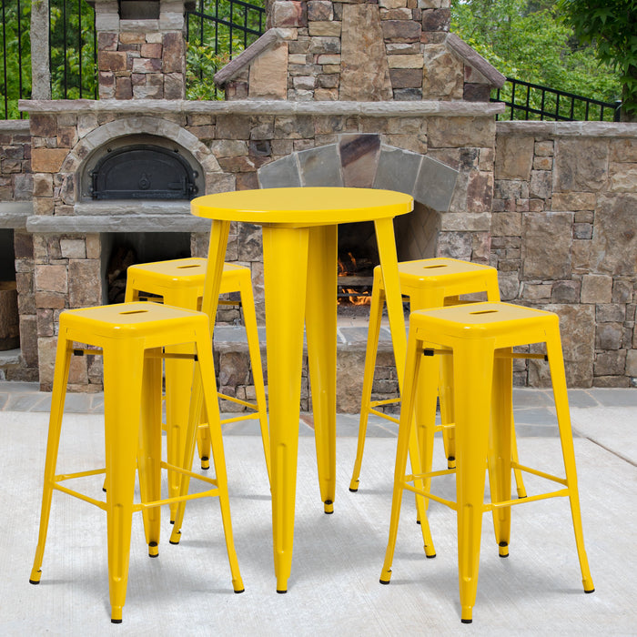 24'' Round Yellow Metal Indoor-Outdoor Bar Table Set with 4 Square Seat Backless Stools
