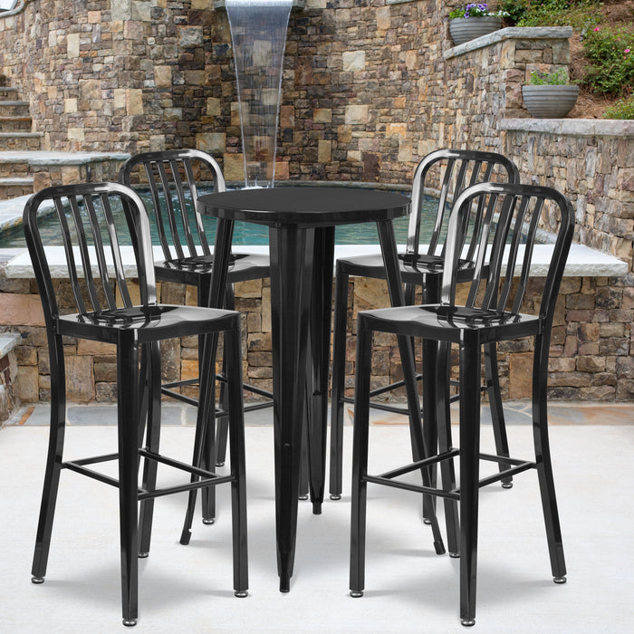 24'' Round Black Metal Indoor-Outdoor Bar Table Set with 4 Vertical Slat Back Stools