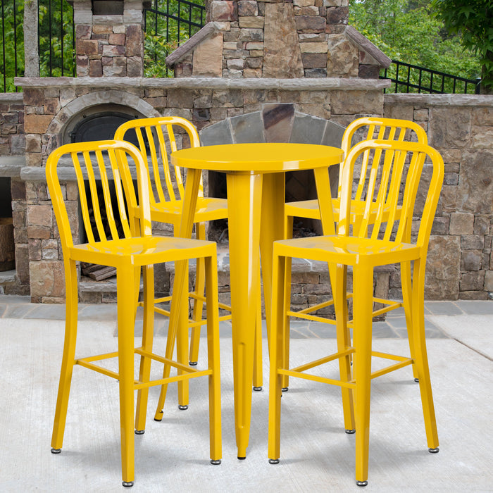 24'' Round Yellow Metal Indoor-Outdoor Bar Table Set with 4 Vertical Slat Back Stools
