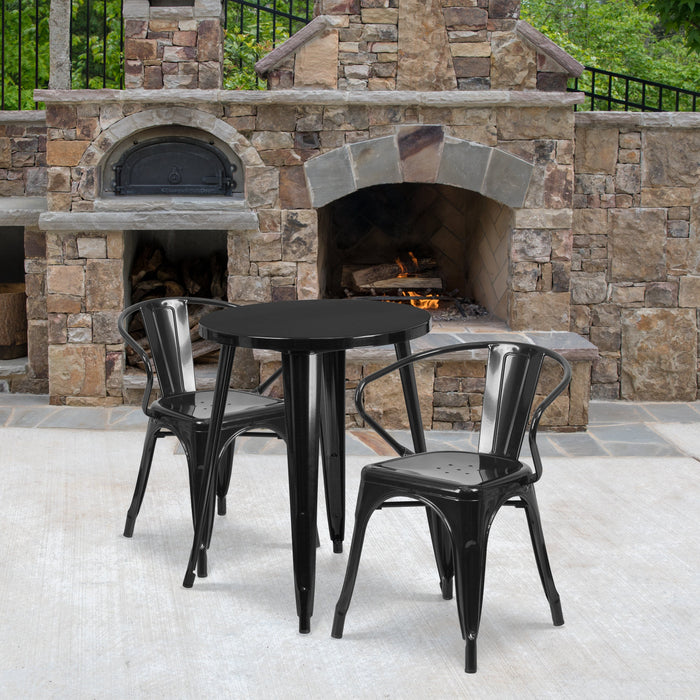 24'' Round Black Metal Indoor-Outdoor Restaurant Table Set with 2 Arm Chairs