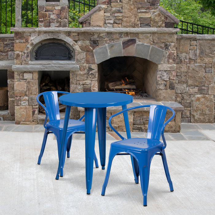 24'' Round Blue Metal Indoor-Outdoor Restaurant Table Set with 2 Arm Chairs