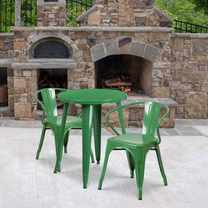 24'' Round Green Metal Indoor-Outdoor Restaurant Table Set with 2 Arm Chairs