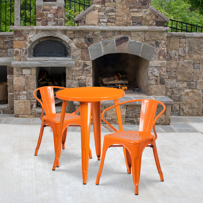 24'' Round Orange Metal Indoor-Outdoor Restaurant Table Set with 2 Arm Chairs