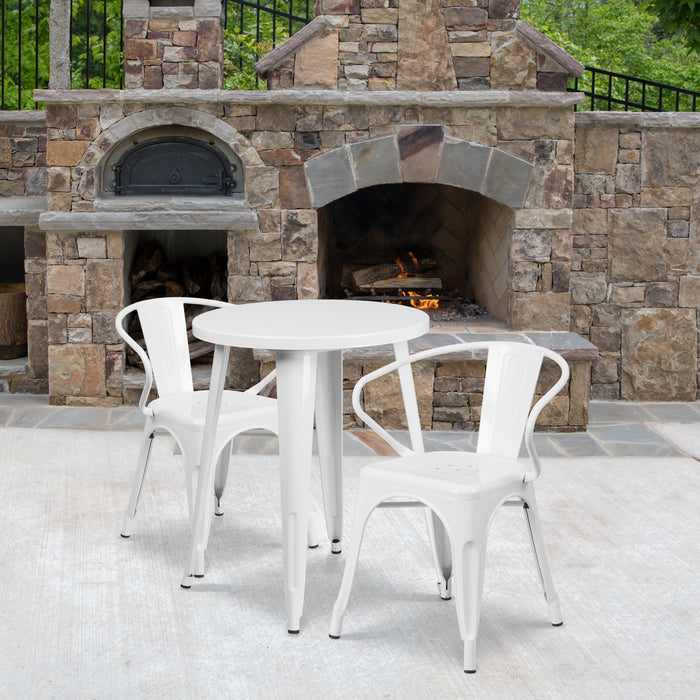 24'' Round White Metal Indoor-Outdoor Restaurant Table Set with 2 Arm Chairs