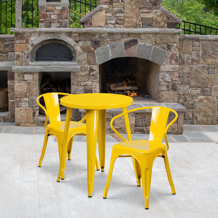 24'' Round Yellow Metal Indoor-Outdoor Restaurant Table Set with 2 Arm Chairs