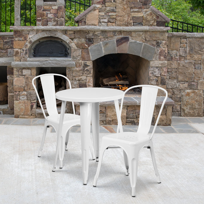 24'' Round White Metal Indoor-Outdoor Restaurant Table Set with 2 Cafe Chairs