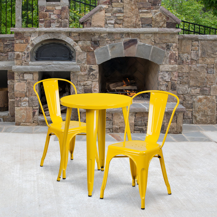 24'' Round Yellow Metal Indoor-Outdoor Restaurant Table Set with 2 Cafe Chairs